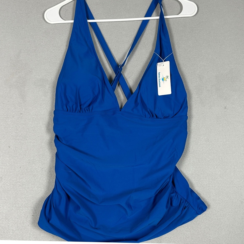 NEW Beachsissi Tankini Top Womens XL Ruched Blue Cross Back Adjustable Straps